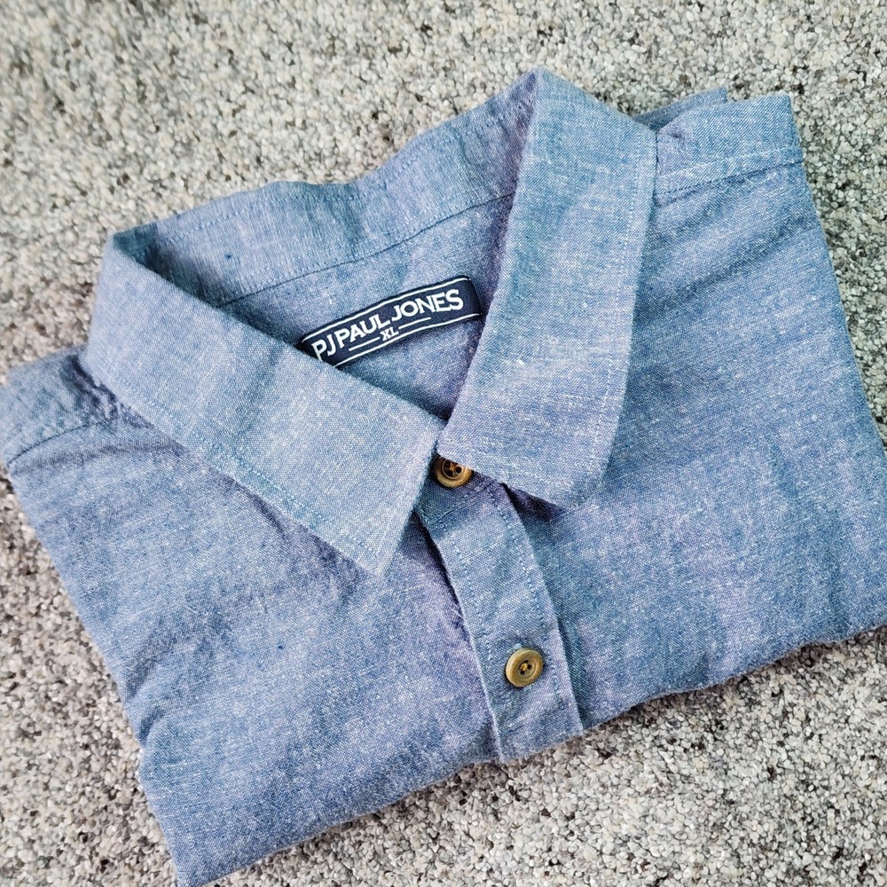 PJ Paul Jones Button Up Shirt Mens XL Blue Cotton Linen Short Sleeve Excellent